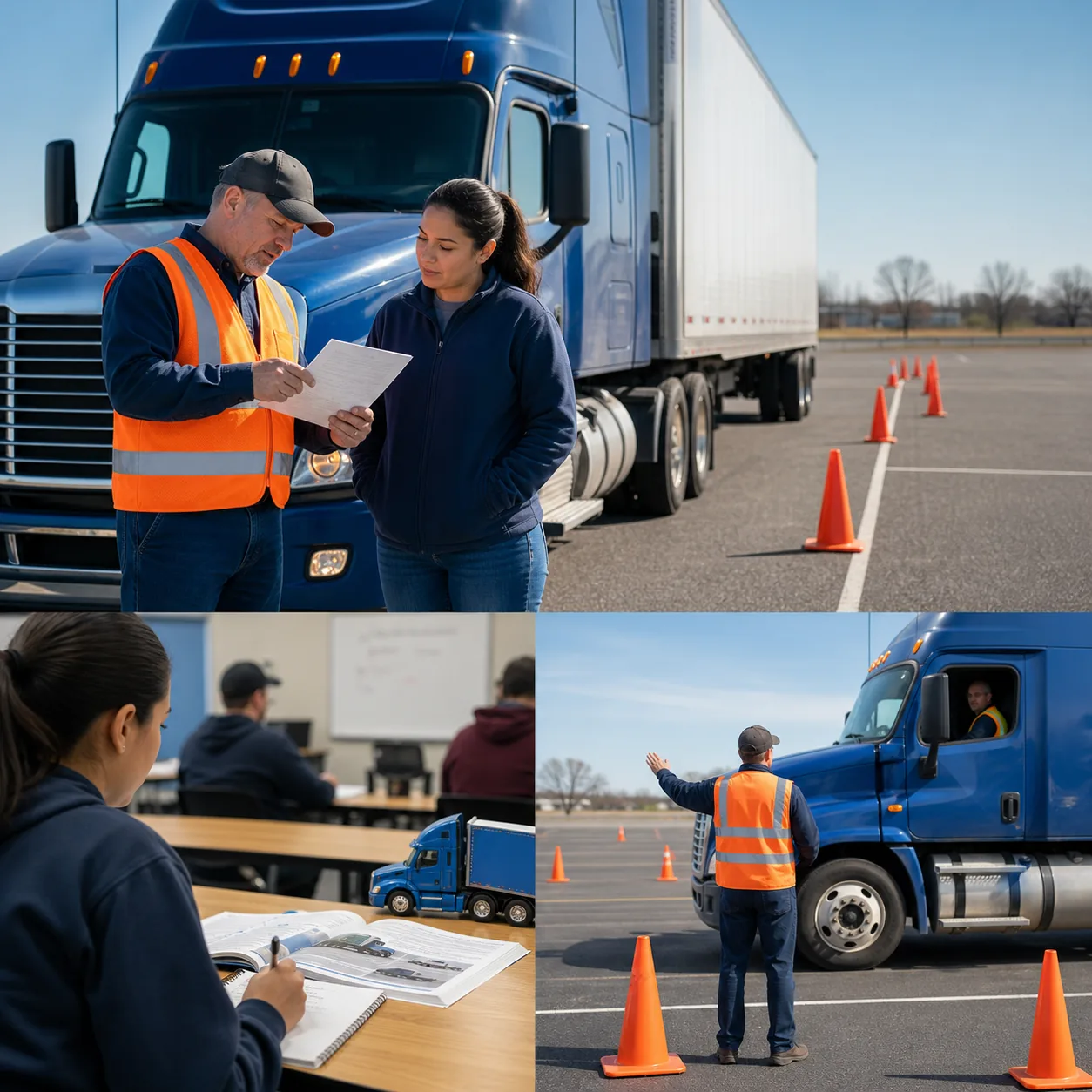 Commercial driving instructor reviewing a learner permit checklist with a student beside a tractor-trailer