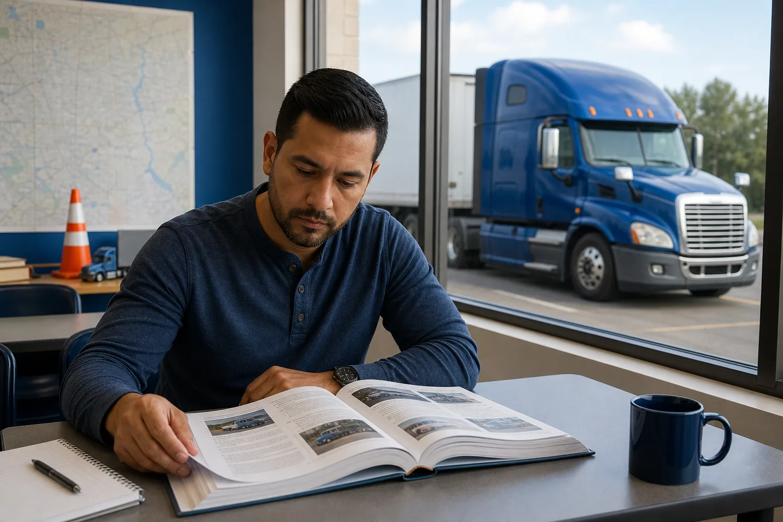 Commercial driver studying CDL permit test practice questions beside a tractor-trailer
