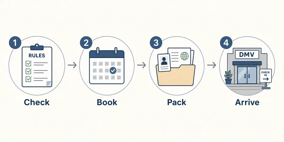 Four-step flow for checking DMV rules, booking a permit test appointment, packing documents, and arriving for the test