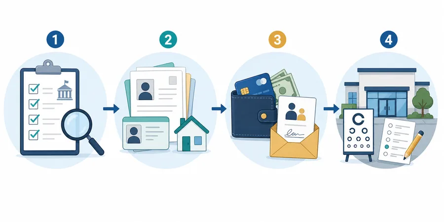 Step flow for checking official DMV requirements, gathering documents, packing payment, and arriving for permit test day