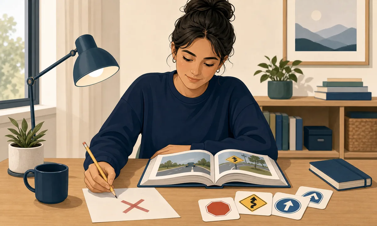 Learner reviewing a driver handbook after failing a permit test
